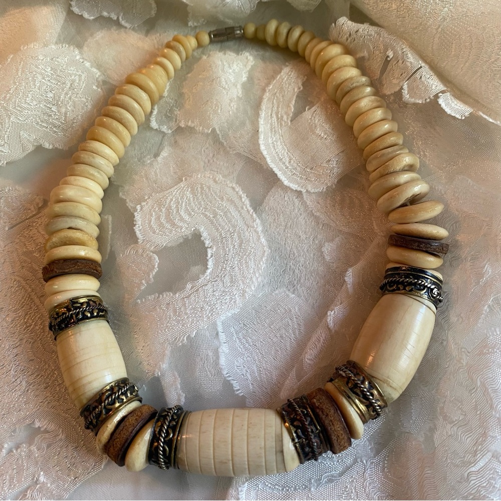 Vintage Bone Brass and Cork Tribal Necklace